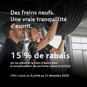 Promotion de service chez Audi Trois-Rivières : 15 % de rabais sur les pièces et la main-d'œuvre pour les freins.